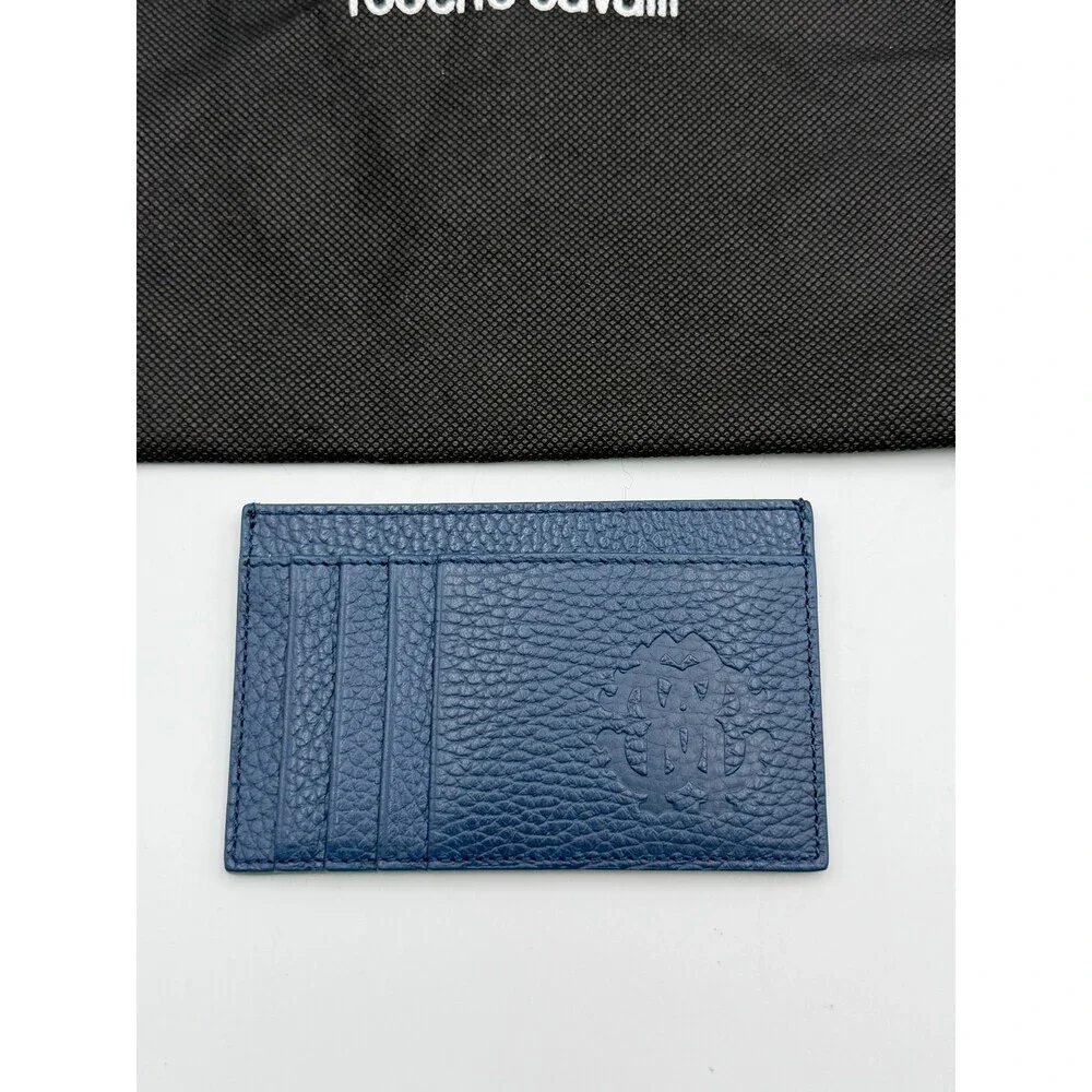 NEW Roberto Cavalli Card Holder Men's Blue Grained Leather Fashion Luxury Wallet